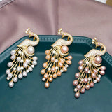 14K Plated Zircon Pearl Peacock Brooch Lady Costume Jewelry