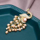 14K Plated Zircon Pearl Peacock Brooch Lady Costume Jewelry