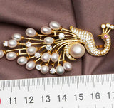 14K Plated Zircon Pearl Peacock Brooch Lady Costume Jewelry
