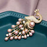 14K Plated Zircon Pearl Peacock Brooch Lady Costume Jewelry