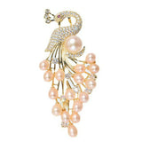 14K Plated Zircon Pearl Peacock Brooch Lady Costume Jewelry