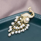 14K Plated Zircon Pearl Peacock Brooch Lady Costume Jewelry