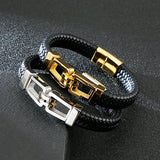 Men's Titanium Steel Leather Rope Bracelet Magnetic Buckle Jewelry
