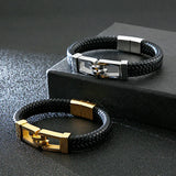 Men's Titanium Steel Leather Rope Bracelet Magnetic Buckle Jewelry