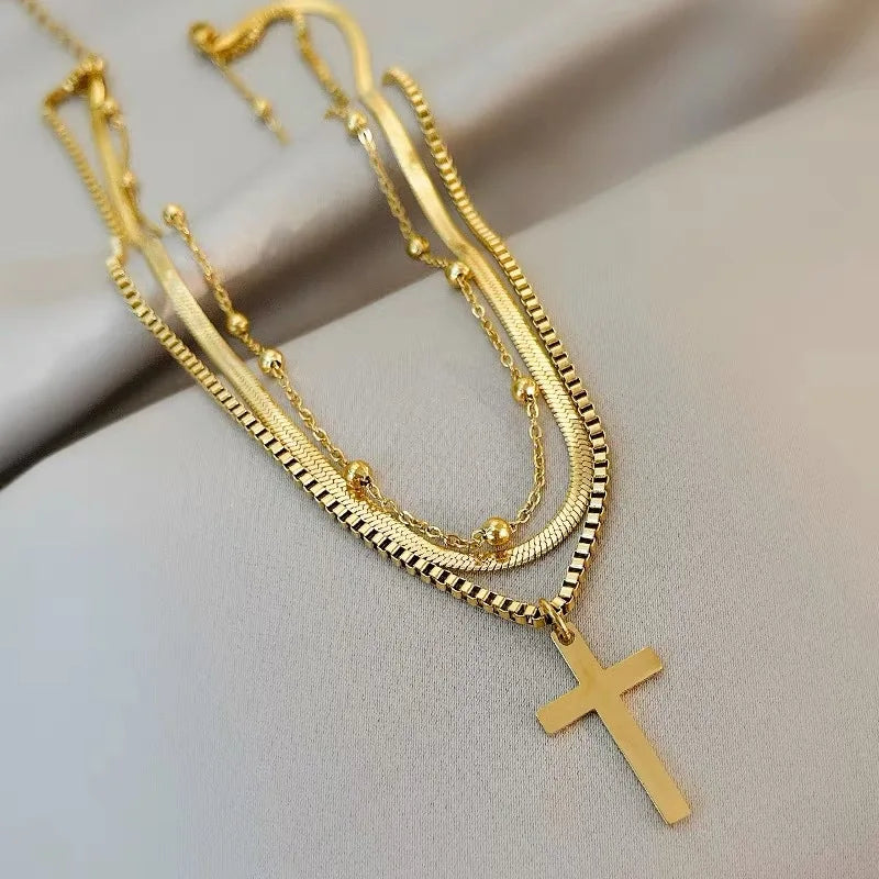 Multi-layer Snakebone Chain Necklace Cross Pendant Sweater Chain