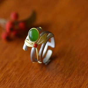 Natural Hetian Jade Green Leaves Bamboo Adjustable Ring