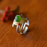 Natural Hetian Jade Green Leaves Bamboo Adjustable Ring