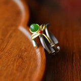 Natural Hetian Jade Green Leaves Bamboo Adjustable Ring