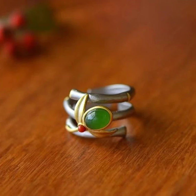 Natural Hetian Jade Green Leaves Bamboo Adjustable Ring