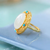 Natural Hetian Jade Turquoise Ring for Women Adjustable Open Hollow Gawu Box Jew