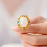 Natural Hetian Jade Turquoise Ring for Women Adjustable Open Hollow Gawu Box Jew