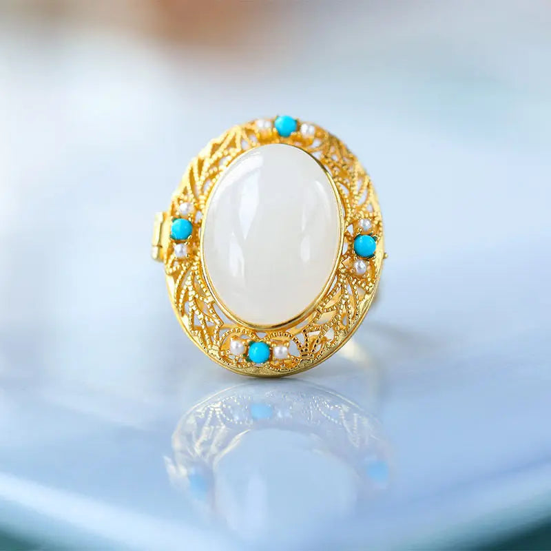 Natural Hetian Jade Turquoise Ring for Women Adjustable Open Hollow Gawu Box Jew
