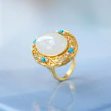 Natural Hetian Jade Turquoise Ring for Women Adjustable Open Hollow Gawu Box Jew