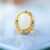 Natural Hetian Jade Turquoise Ring for Women Adjustable Open Hollow Gawu Box Jew
