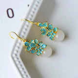 Natural Hetian Jade Plant Flower Earrings Chinese Retro Enamel Craft