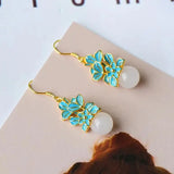 Natural Hetian Jade Plant Flower Earrings Chinese Retro Enamel Craft