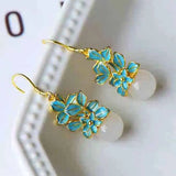Natural Hetian Jade Plant Flower Earrings Chinese Retro Enamel Craft