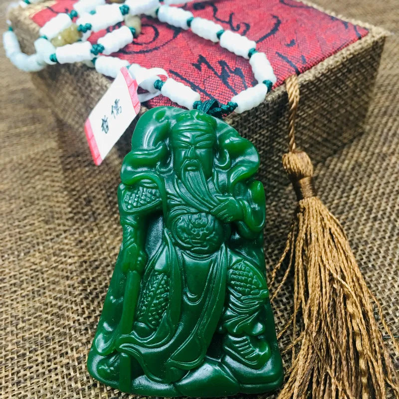 Green Jade Guan Gong Pendant with Beads Chain Sweater Necklace
