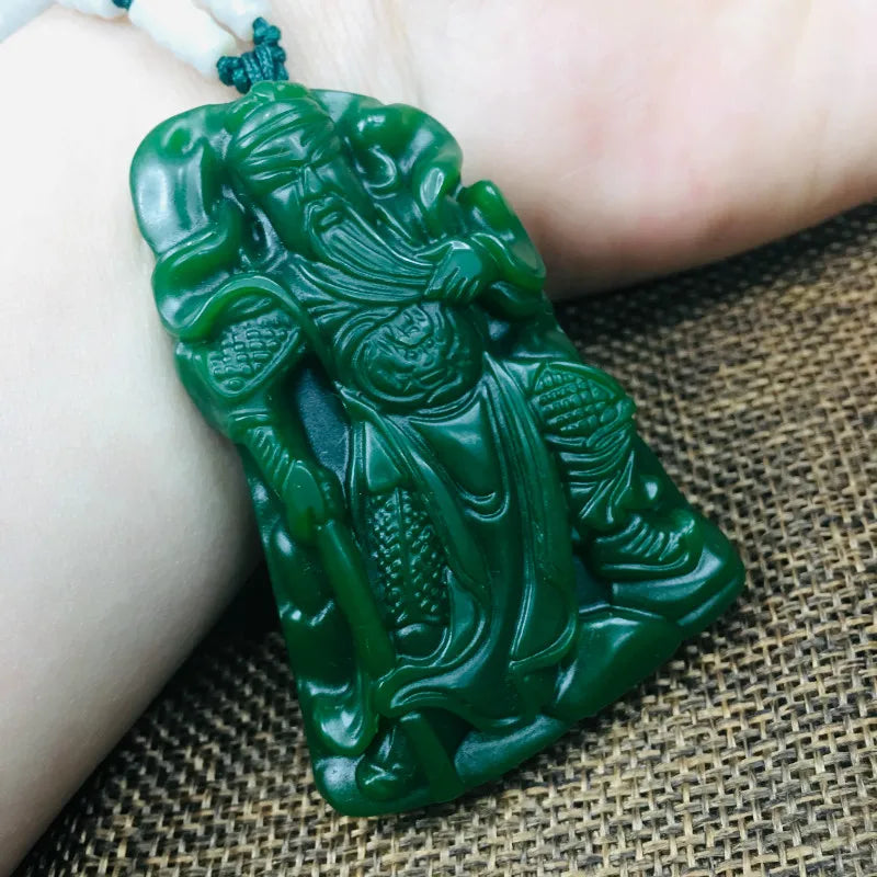 Green Jade Guan Gong Pendant with Beads Chain Sweater Necklace