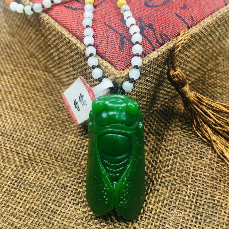 Natural Green Jade Cicada Pendant with Beads Chain Sweater Chain