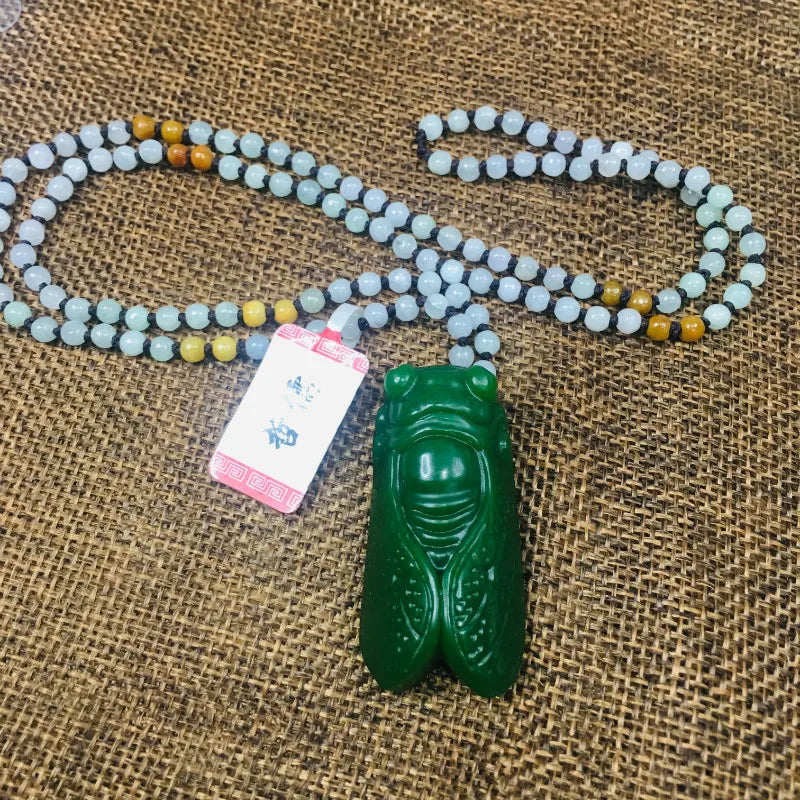 Natural Green Jade Cicada Pendant with Beads Chain Sweater Chain