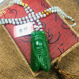 Natural Green Jade Cicada Pendant with Beads Chain Sweater Chain