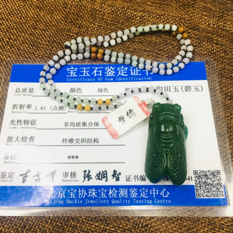 Natural Green Jade Cicada Pendant with Beads Chain Sweater Chain