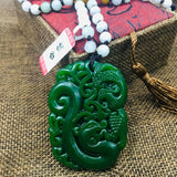 Green Jade Dragon Phoenix Pendant Chain Sweater Necklace
