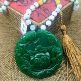 Green Jade Peony Flower Pendant with Beads Chain