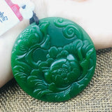 Green Jade Peony Flower Pendant with Beads Chain