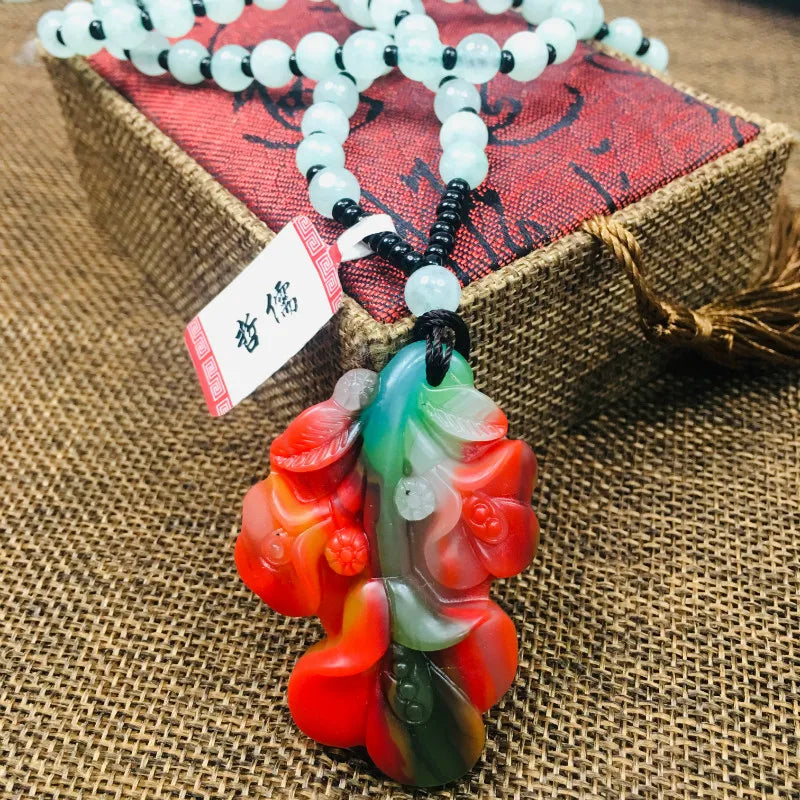 Multicolor Stone Orchid Pendant with Green Bead Chain