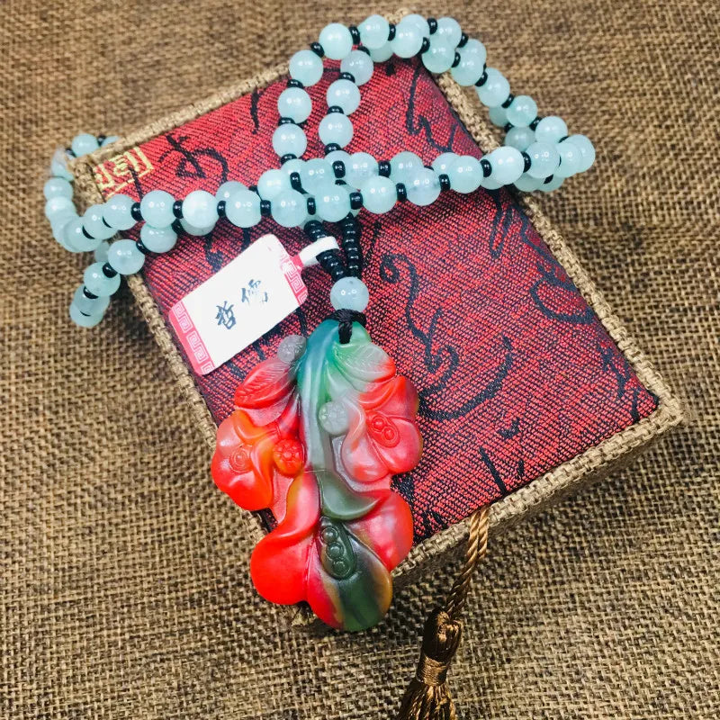 Multicolor Stone Orchid Pendant with Green Bead Chain