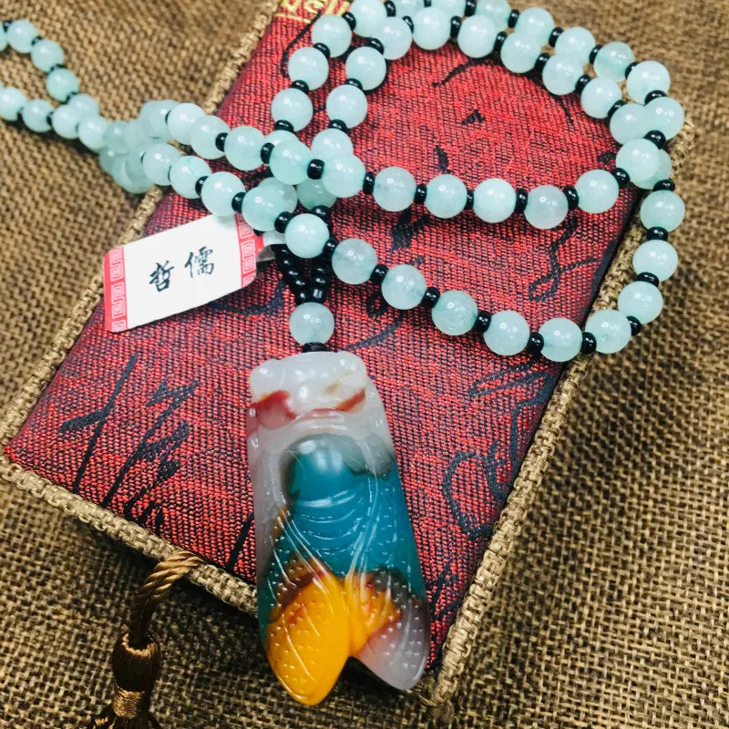 Delicate Natural Stone Cicada Pendant with Green Bead Chain