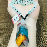 Delicate Natural Stone Cicada Pendant with Green Bead Chain