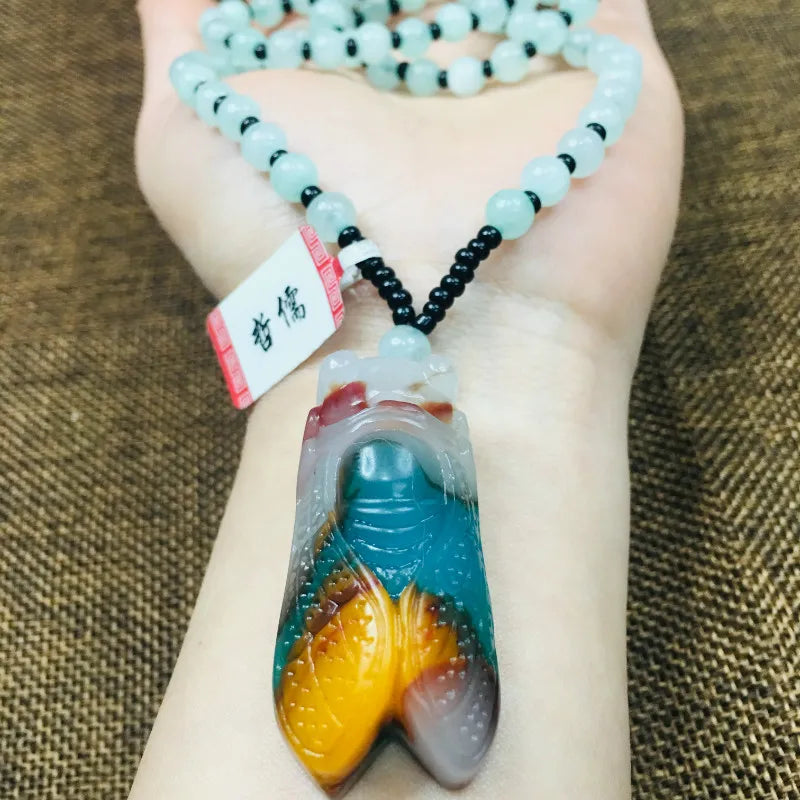 Delicate Natural Stone Cicada Pendant with Green Bead Chain