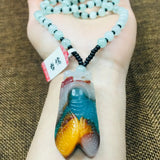 Delicate Natural Stone Cicada Pendant with Green Bead Chain