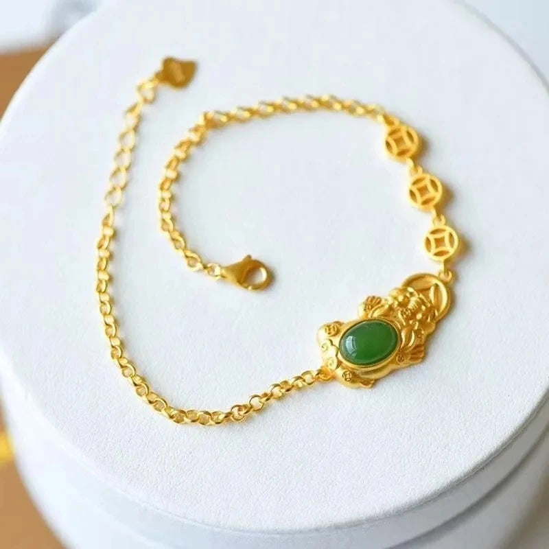 Natural Green Hetian Chalcedony Frog Ingot Bracelet