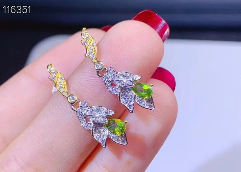 Natural Peridot Earrings 925 Silver Two-Color Plating Small Fresh