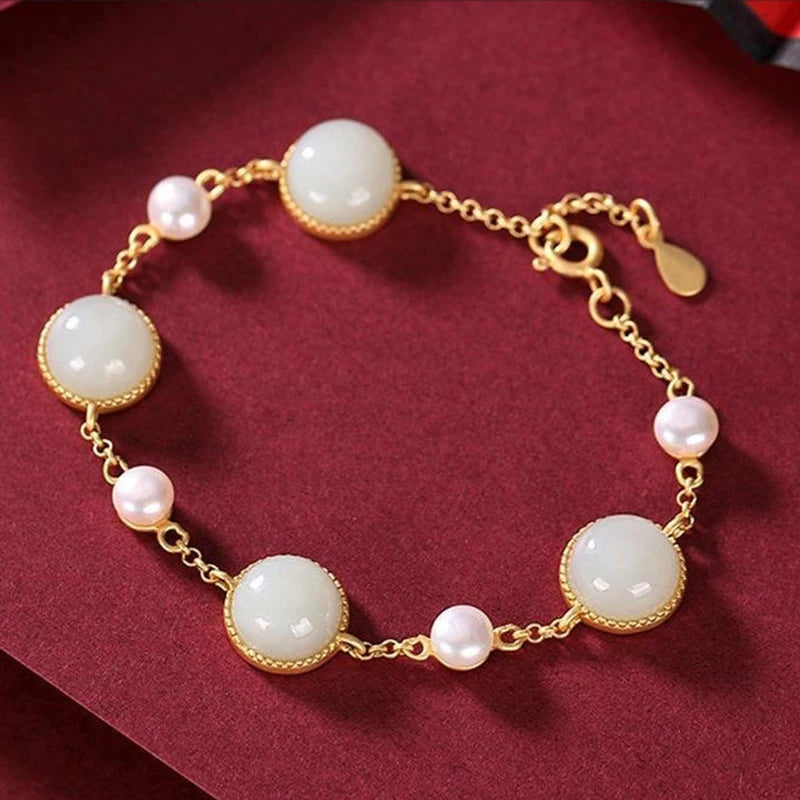 Natural Hetian Chalcedony Bracelet Chinese Retro Craft Women's Jewelry