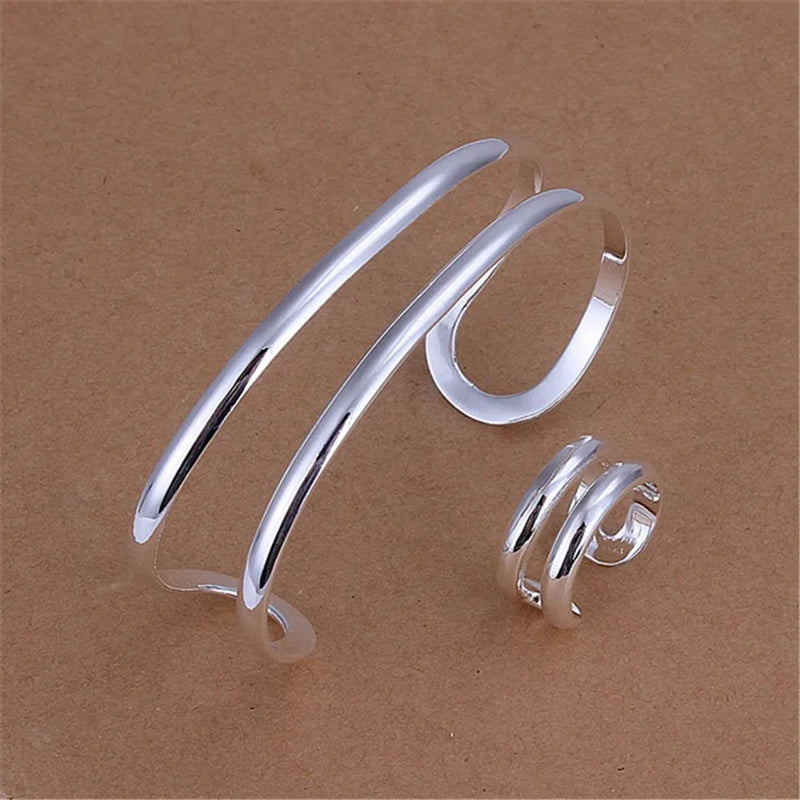925 Silver Double Line Bangles Rings Set Women Party Wedding