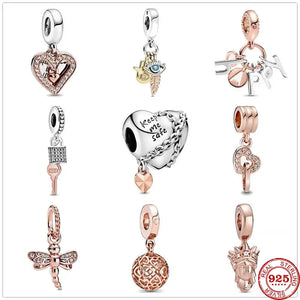 925 Silver Happy Interlocking Hearts Charm Dangle for Bracelet DIY Jewelry