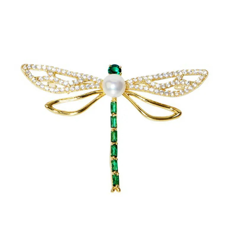 Women's Natural Pearl Dragonfly Brooch with Cubic Zirconia