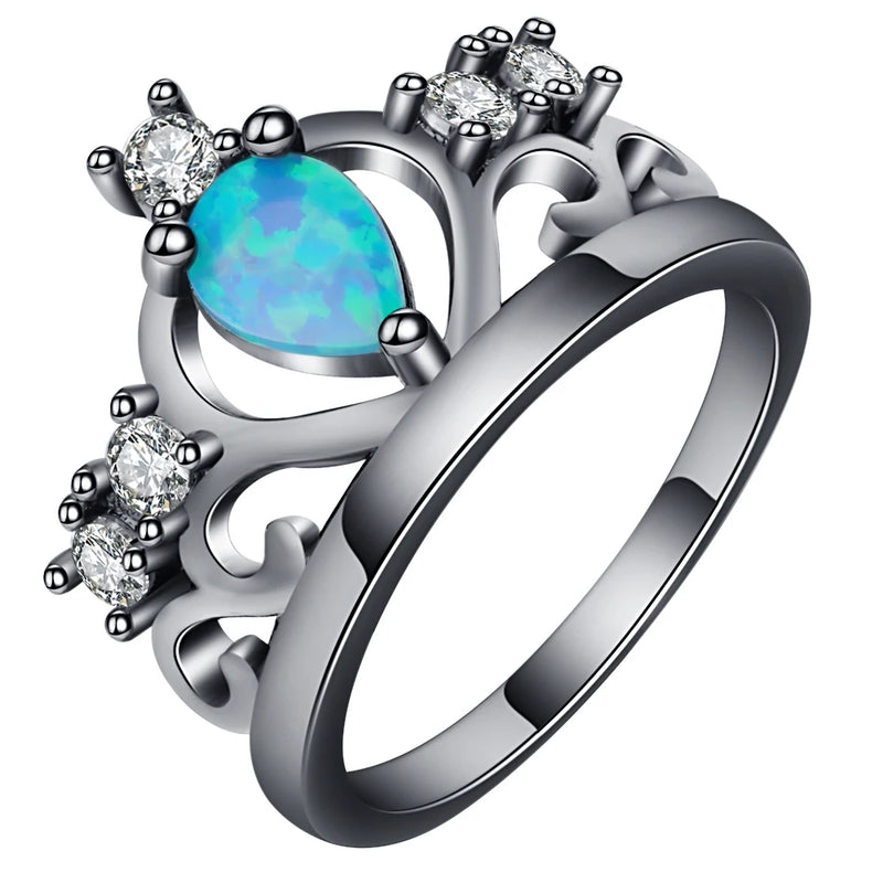 Princess Crown Opal CZ Wedding Ring Gold Band Size 6-10