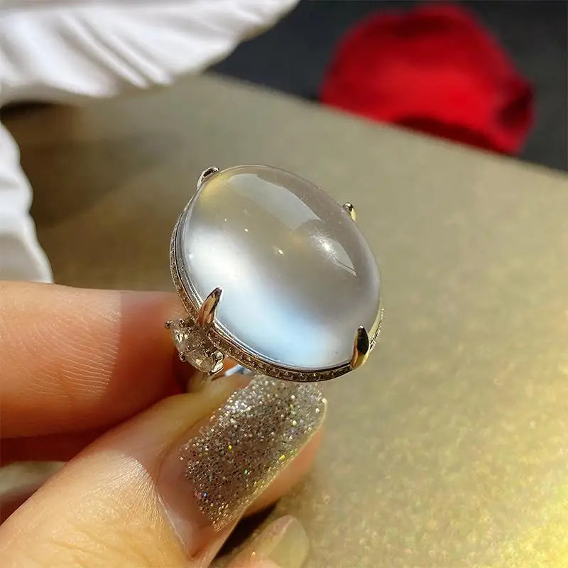 Big Pigeon Egg Chalcedony Ring, Adjustable Silver Jewelry