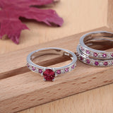 Red Zircon Silver Plated Pave Setting Romantic Wedding Rings Set