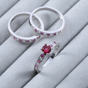 Red Zircon Silver Plated Pave Setting Romantic Wedding Rings Set