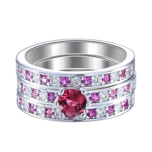 Red Zircon Silver Plated Pave Setting Romantic Wedding Rings Set
