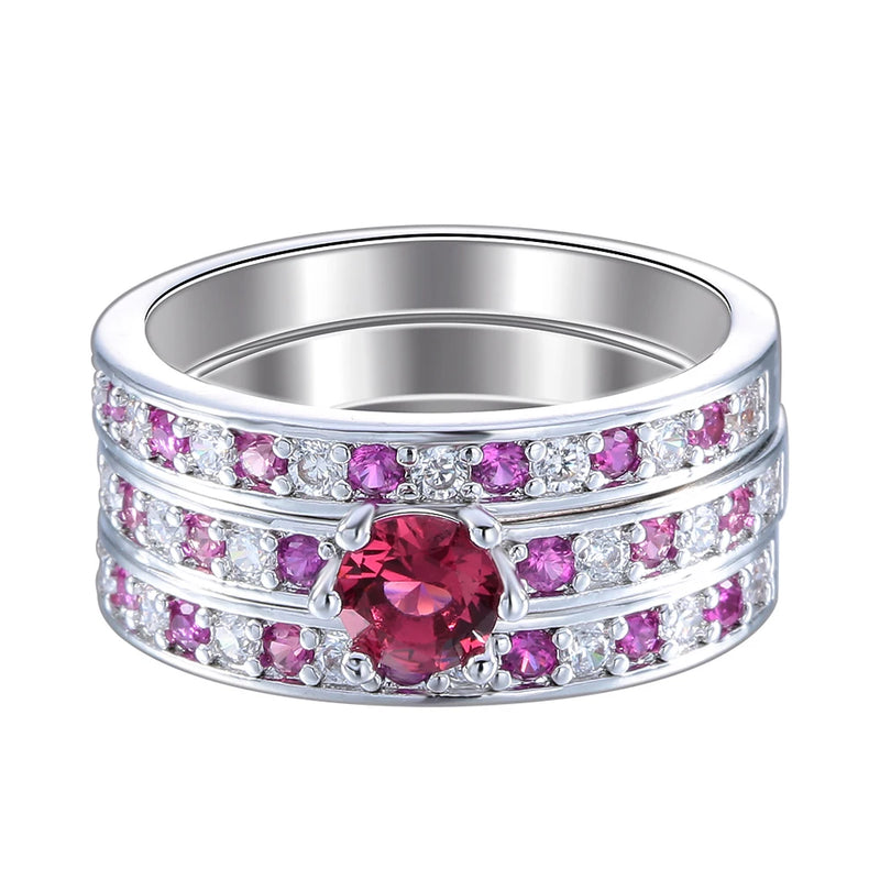 Red Zircon Silver Plated Pave Setting Romantic Wedding Rings Set