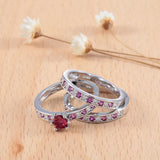Red Zircon Silver Plated Pave Setting Romantic Wedding Rings Set
