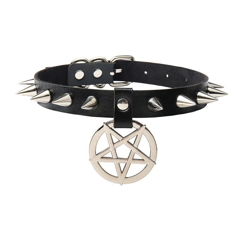 Punk Harajuku Ladies Necklace Rivets Star Pendant Leather Collar